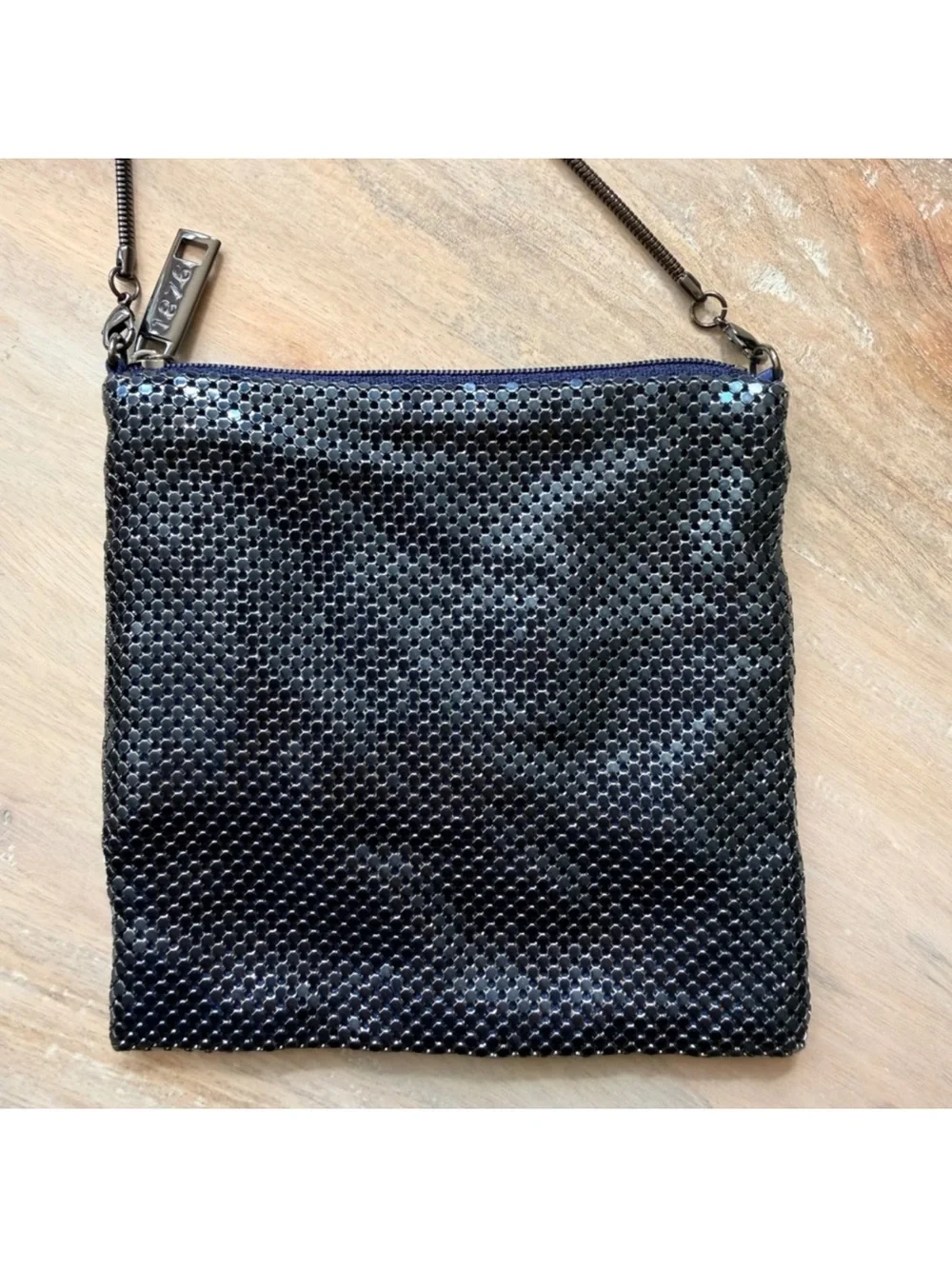 Whiting & Davis Denim Navy Blue Mesh Crossbody Bag